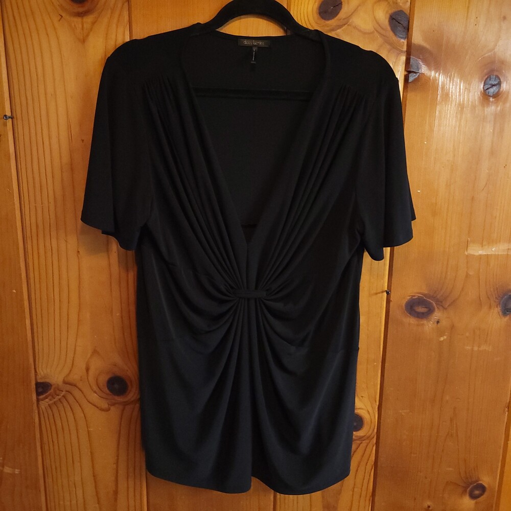 Daisy Fuentes Black Large Short Sleeve Ruched Front Blouse